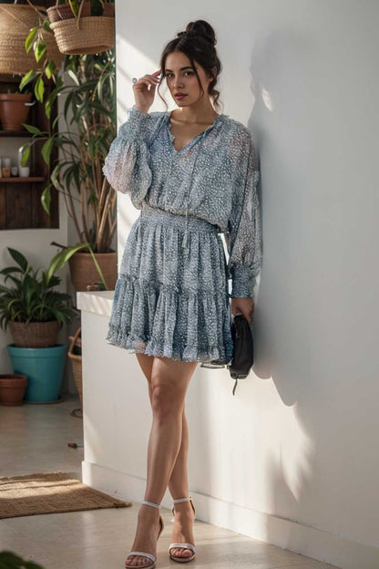 loose leopard print v neck dress drop shoulder a line closed cape paneled 109906