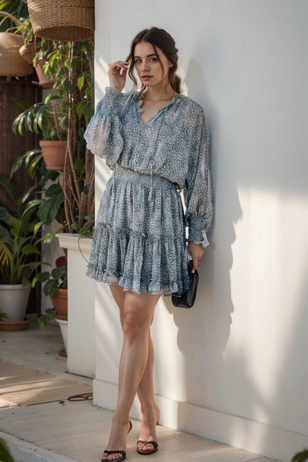 loose leopard print v neck dress drop shoulder a line closed cape paneled 124907