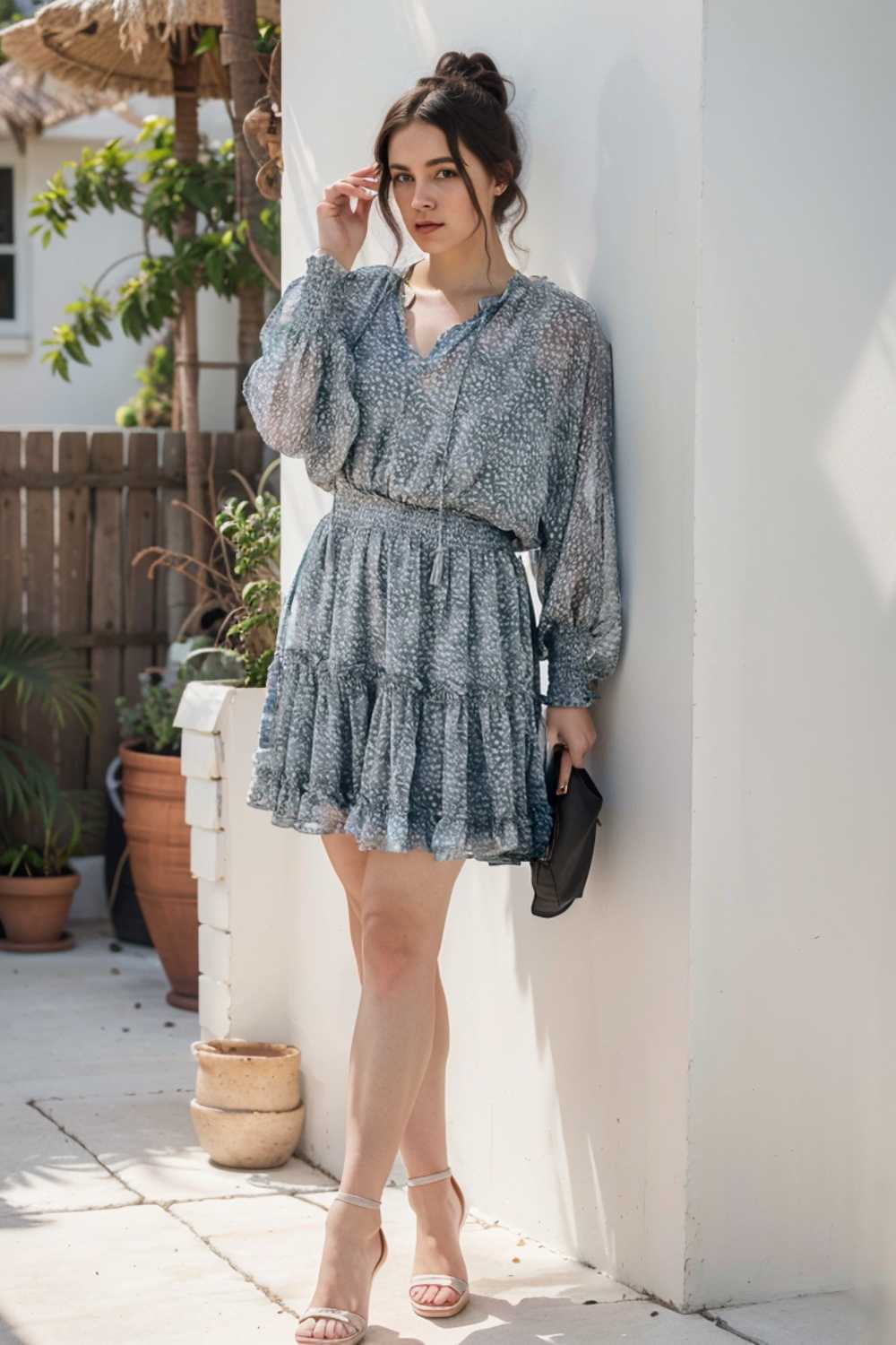 loose leopard print v neck dress drop shoulder a line closed cape paneled 109904
