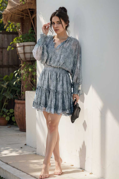 loose leopard print v neck dress drop shoulder a line closed cape paneled 133740