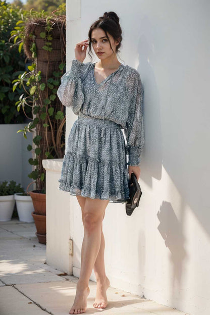loose leopard print v neck dress drop shoulder a line closed cape paneled 115722