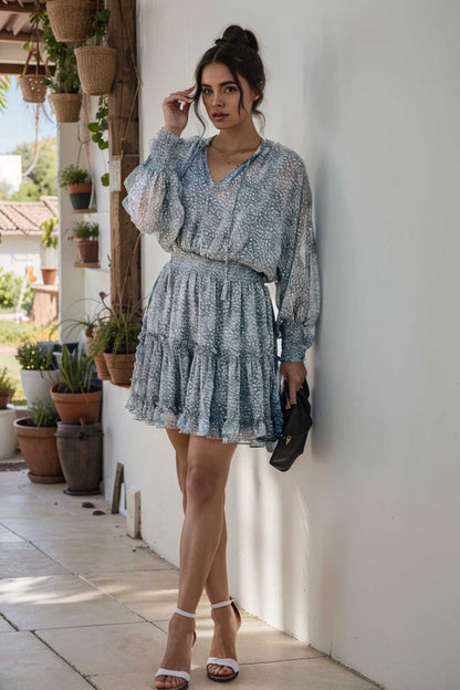 loose leopard print v neck dress drop shoulder a line closed cape paneled 109896