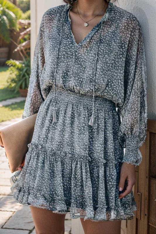 loose leopard print v neck dress drop shoulder a line closed cape paneled 107252