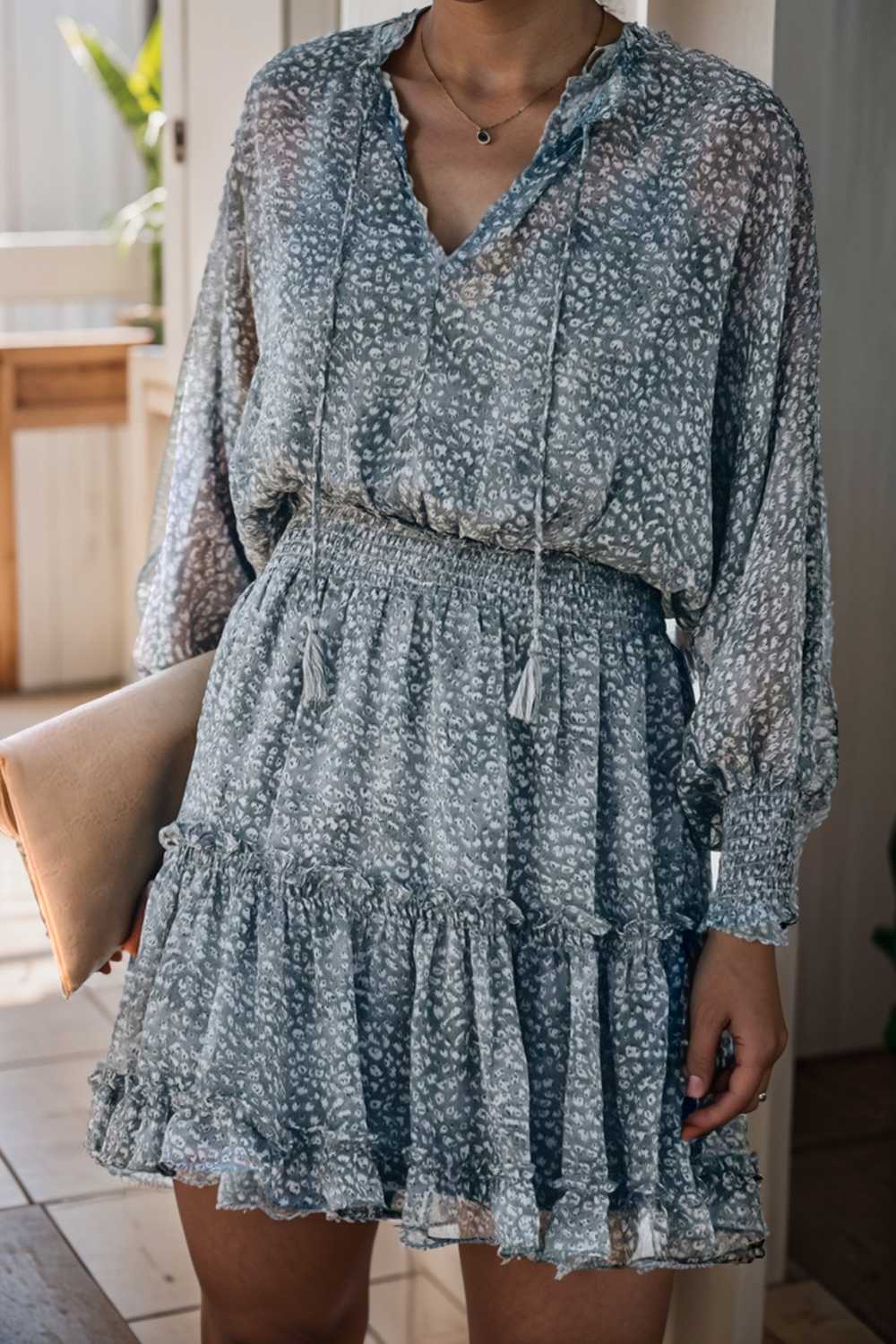 loose leopard print v neck dress drop shoulder a line closed cape paneled 131782
