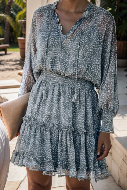 loose leopard print v neck dress drop shoulder a line closed cape paneled 108571