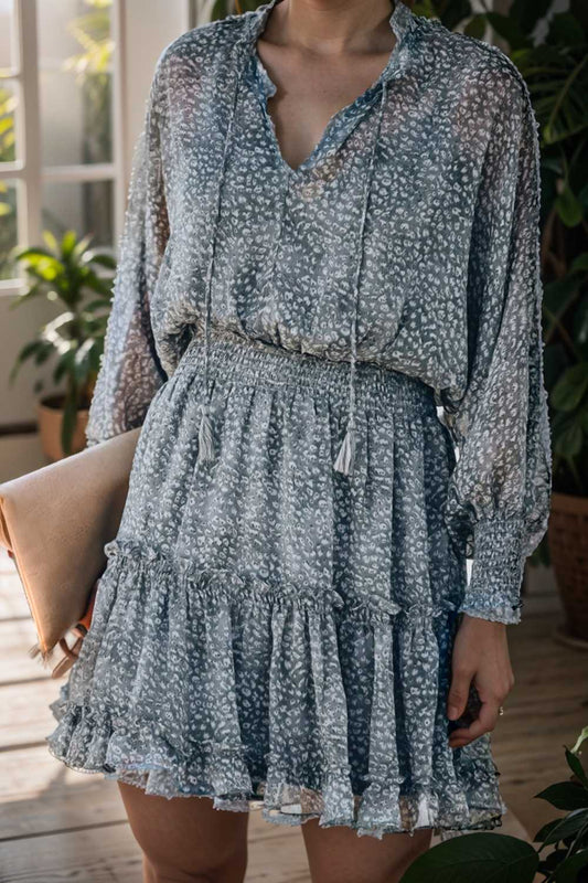 loose leopard print v neck dress drop shoulder a line closed cape paneled 129650