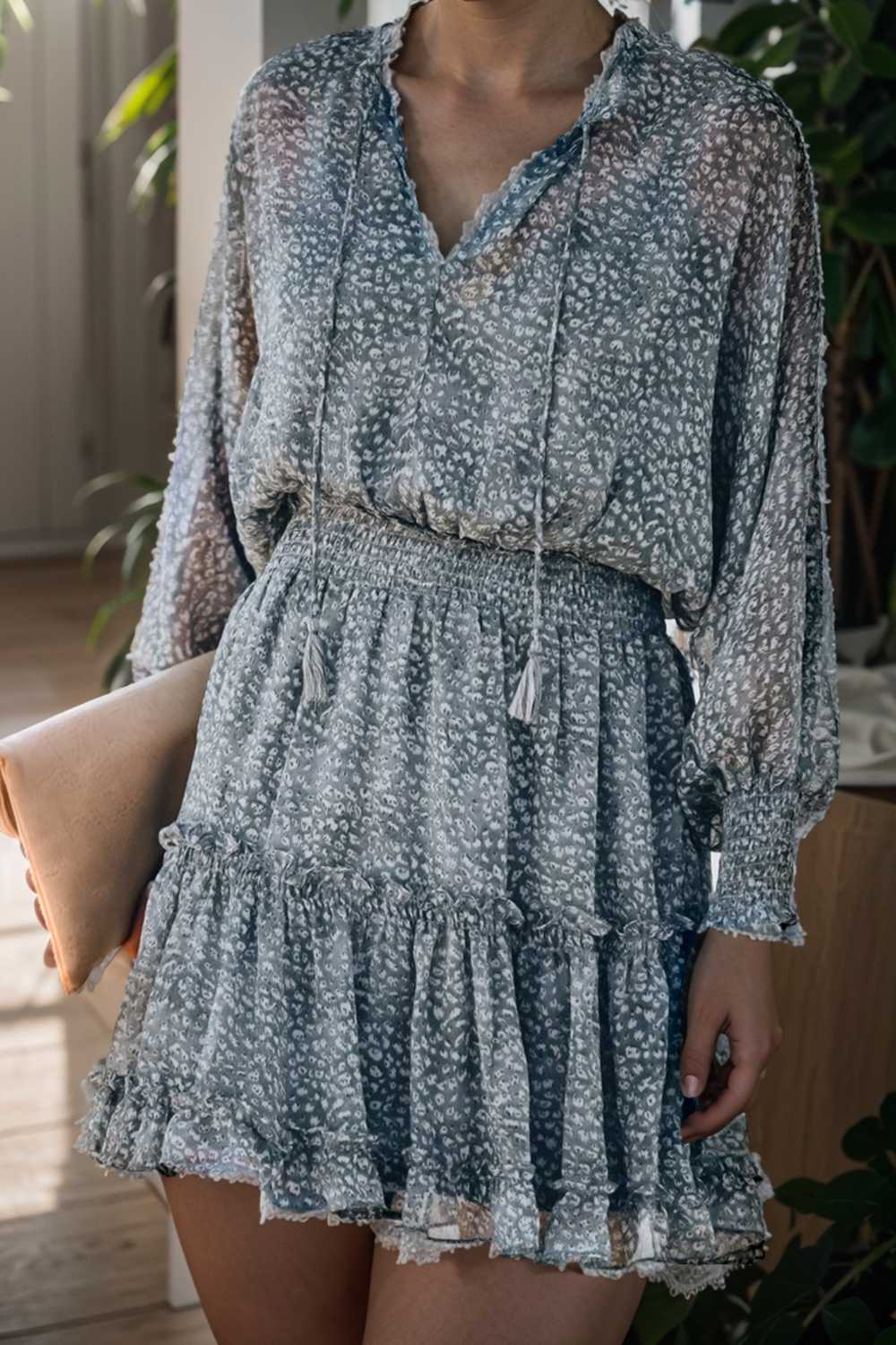 loose leopard print v neck dress drop shoulder a line closed cape paneled 107664