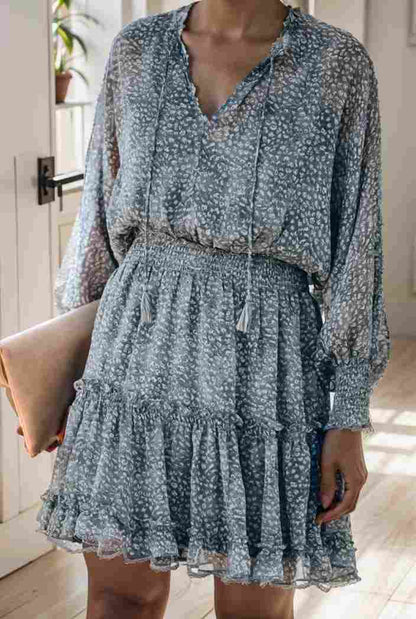 loose leopard print v neck dress drop shoulder a line closed cape paneled 131170