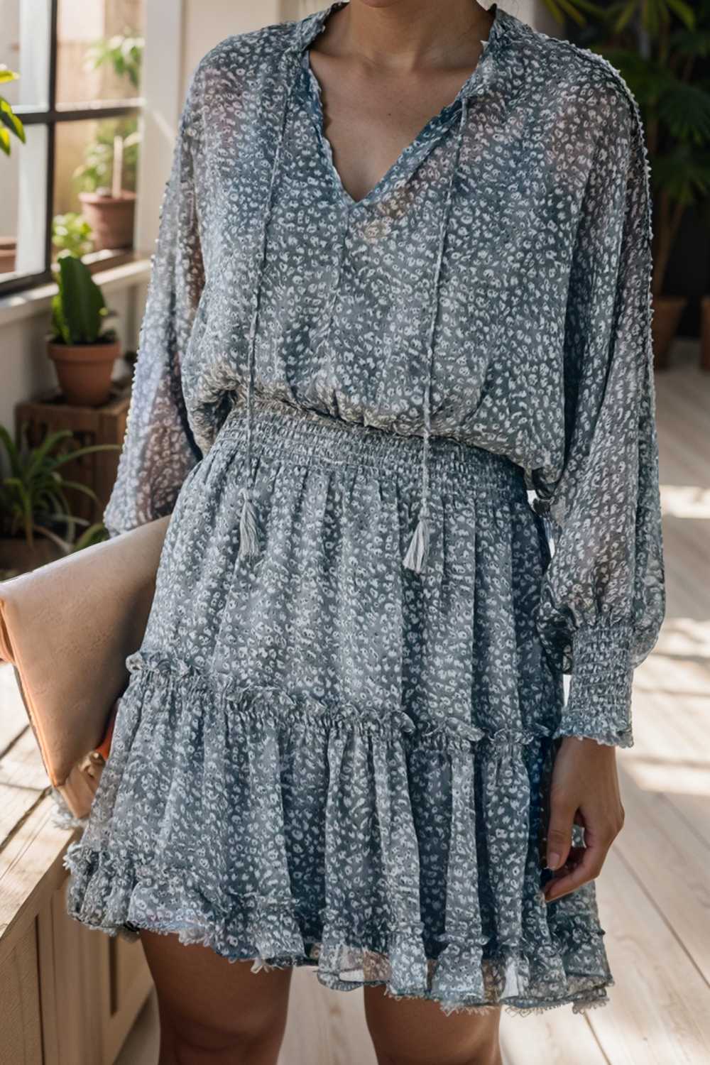 loose leopard print v neck dress drop shoulder a line closed cape paneled 132863