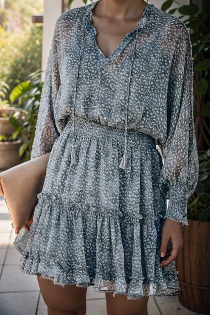 loose leopard print v neck dress drop shoulder a line closed cape paneled 133895