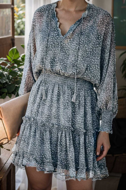 loose leopard print v neck dress drop shoulder a line closed cape paneled 106330