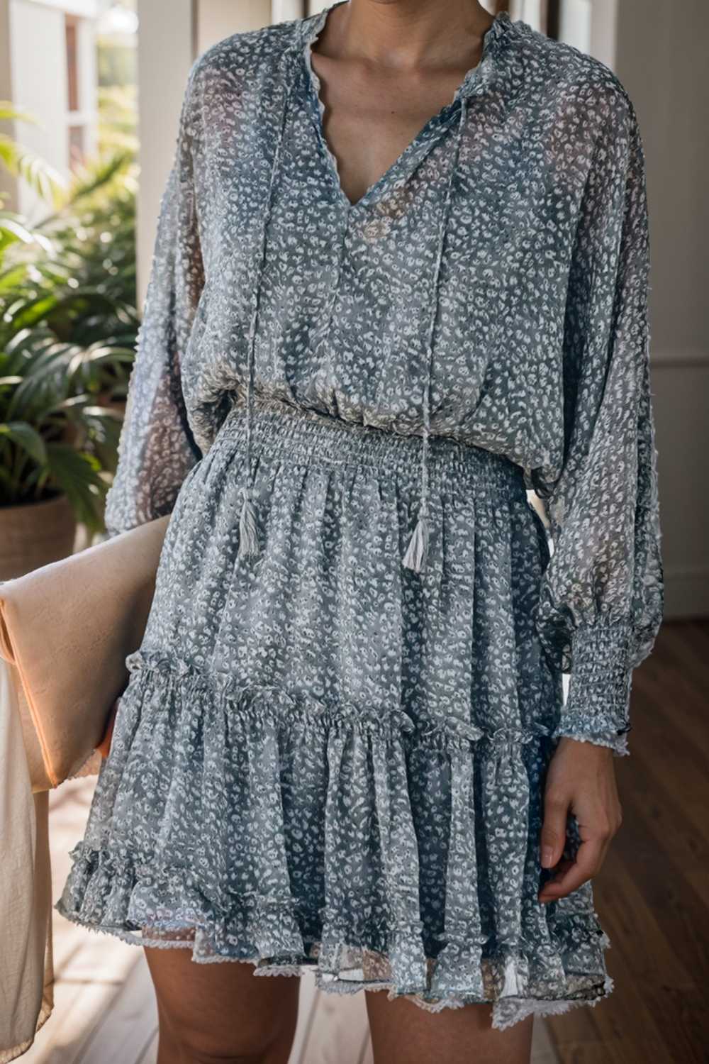 loose leopard print v neck dress drop shoulder a line closed cape paneled 132862