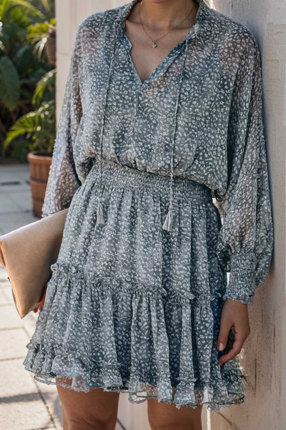 loose leopard print v neck dress drop shoulder a line closed cape paneled 110860