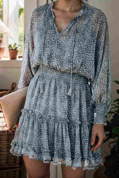 loose leopard print v neck dress drop shoulder a line closed cape paneled 118781