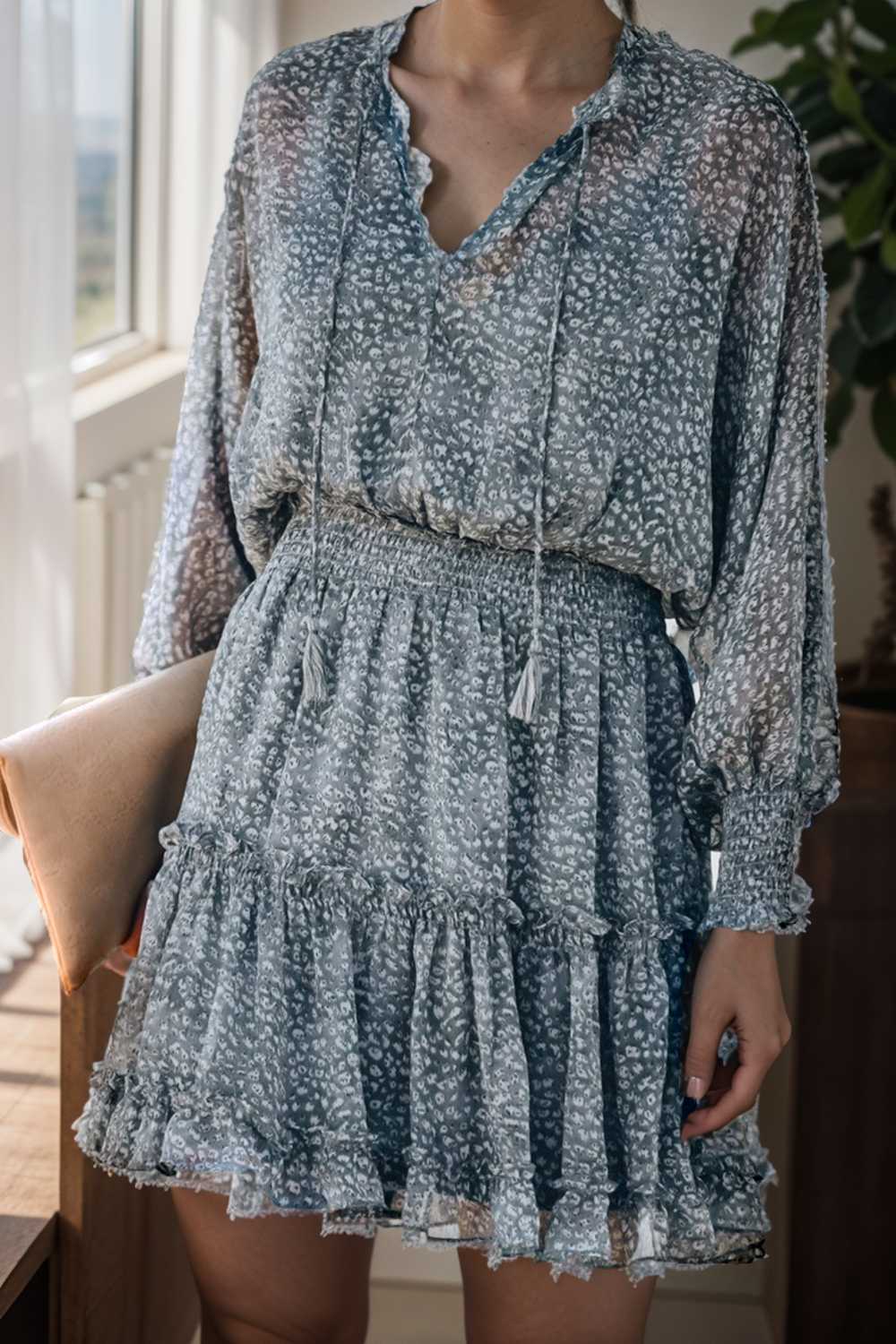 loose leopard print v neck dress drop shoulder a line closed cape paneled 133730