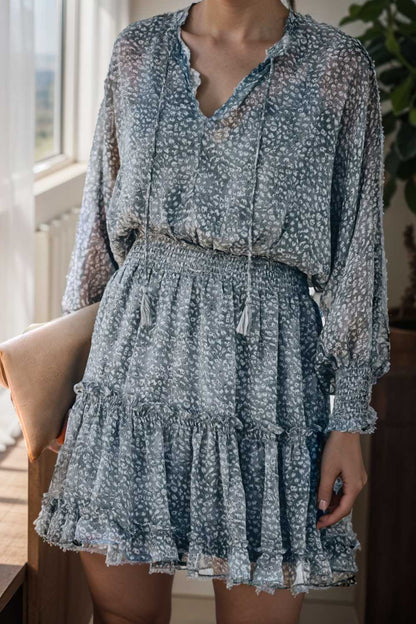 loose leopard print v neck dress drop shoulder a line closed cape paneled 133730
