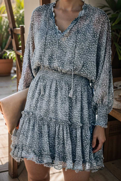 loose leopard print v neck dress drop shoulder a line closed cape paneled 132860