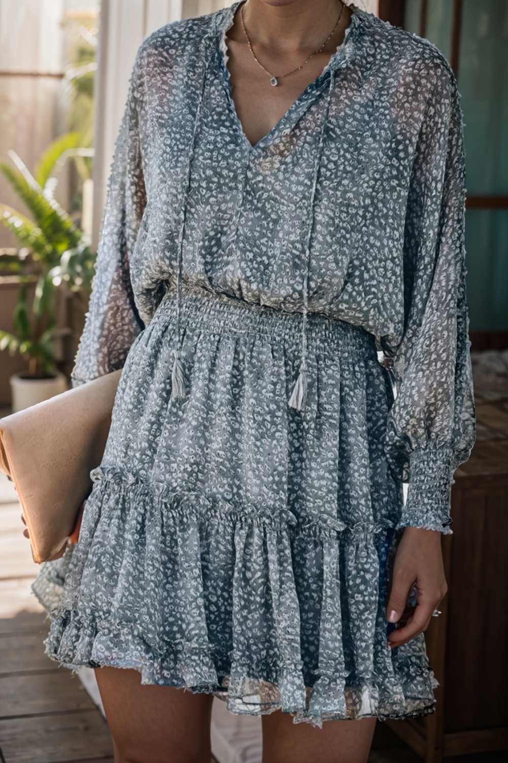 loose leopard print v neck dress drop shoulder a line closed cape paneled 133891