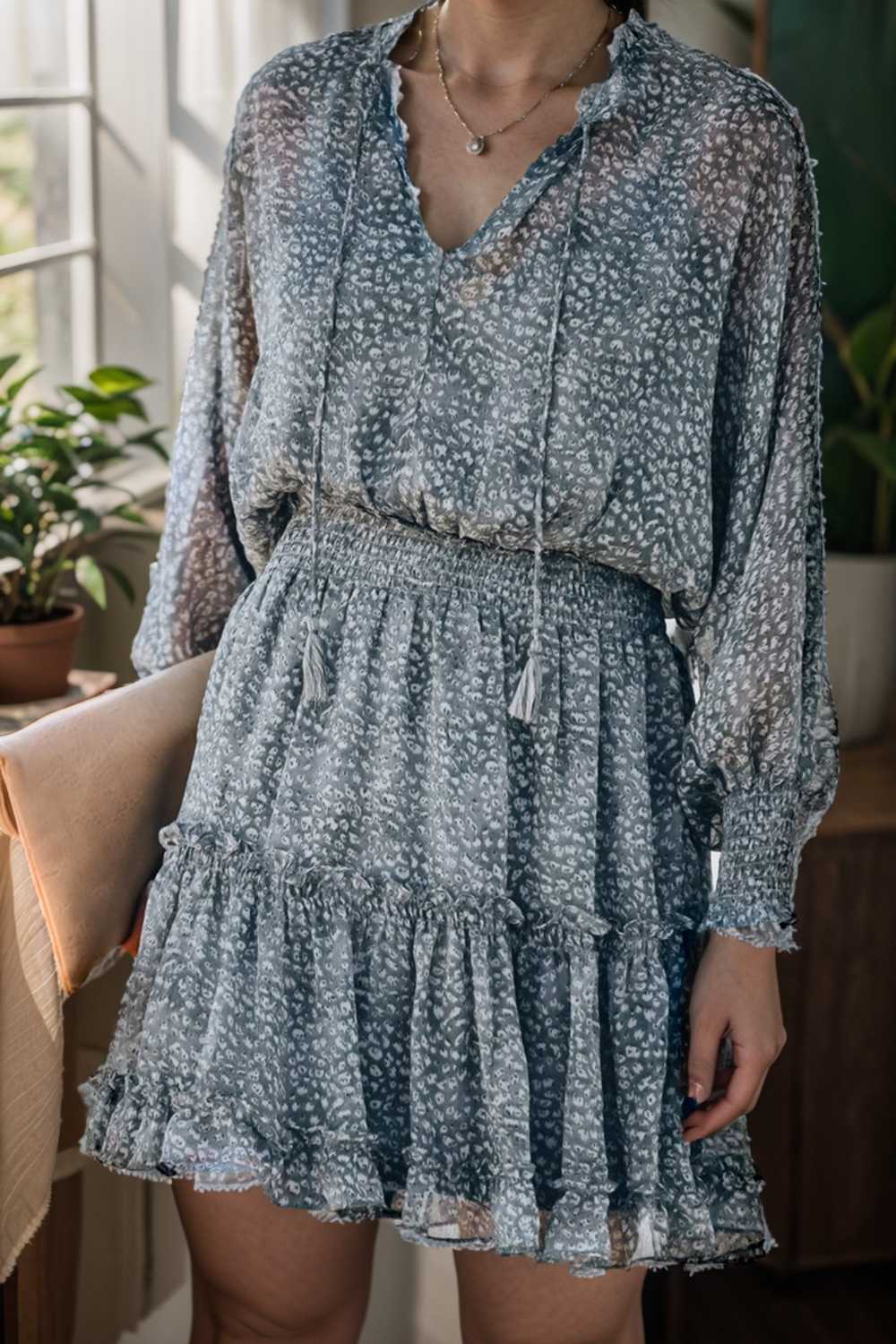 loose leopard print v neck dress drop shoulder a line closed cape paneled 133890