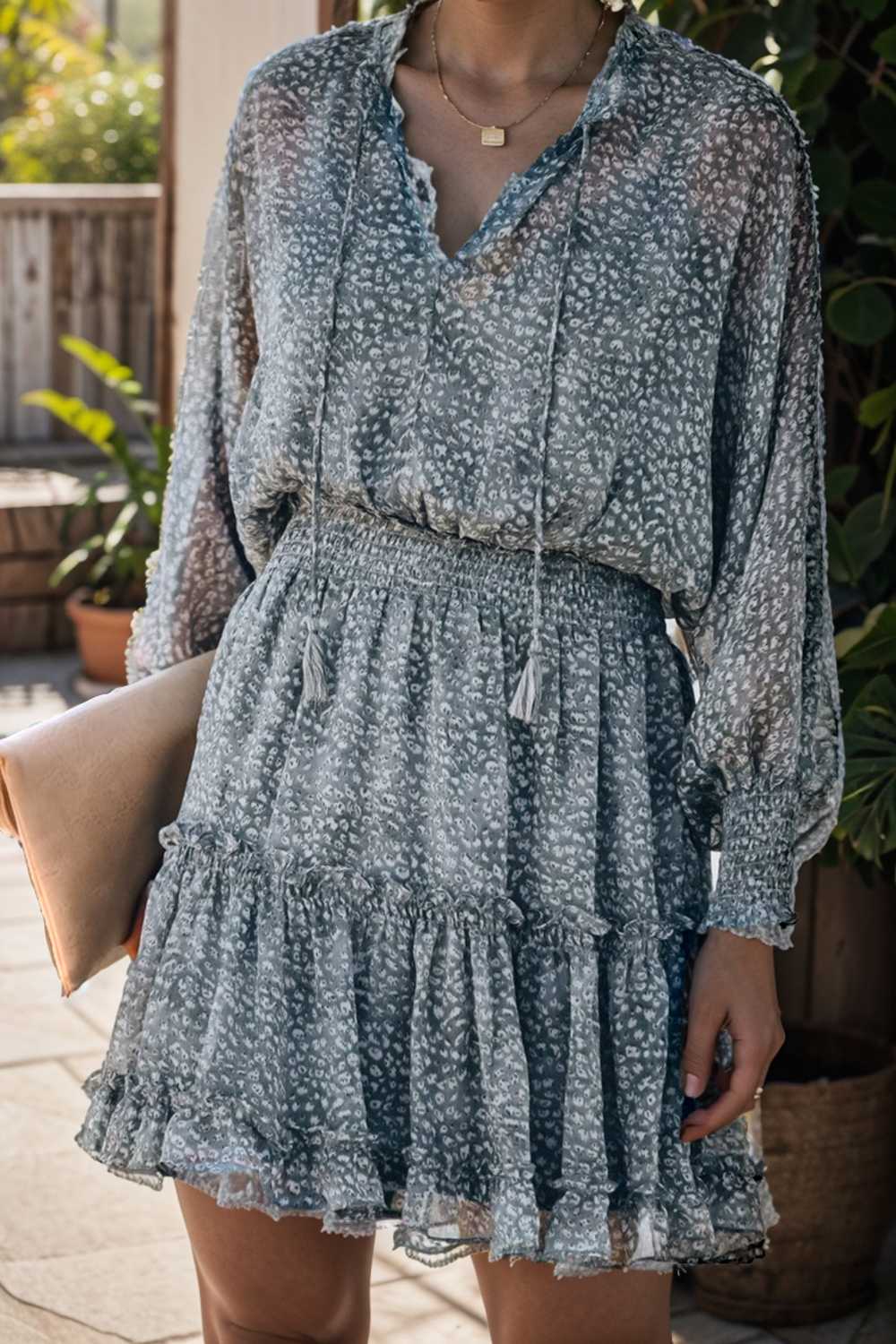 loose leopard print v neck dress drop shoulder a line closed cape paneled 133727