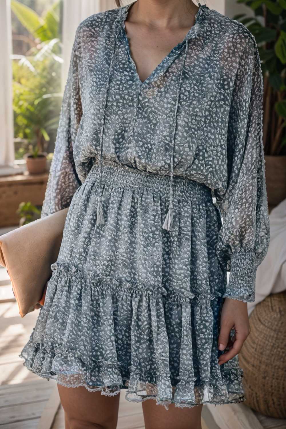 loose leopard print v neck dress drop shoulder a line closed cape paneled 133726
