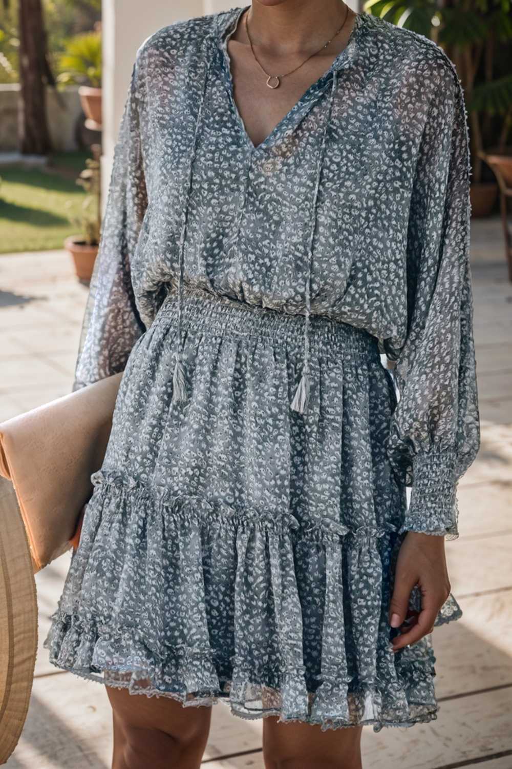 loose leopard print v neck dress drop shoulder a line closed cape paneled 133725