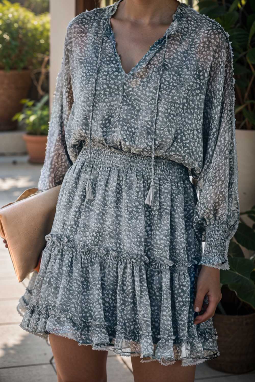loose leopard print v neck dress drop shoulder a line closed cape paneled 133888