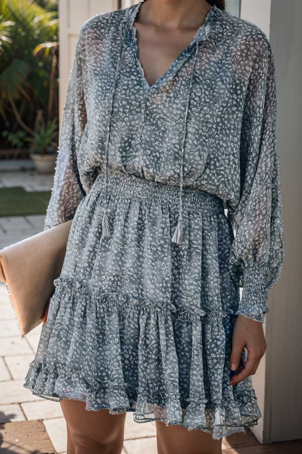 loose leopard print v neck dress drop shoulder a line closed cape paneled 133887