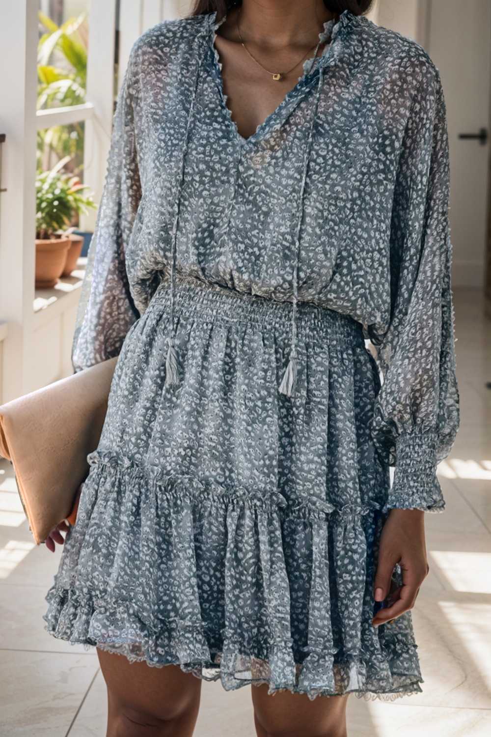 loose leopard print v neck dress drop shoulder a line closed cape paneled 133723