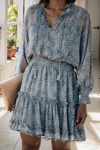 loose leopard print v neck dress drop shoulder a line closed cape paneled 133723
