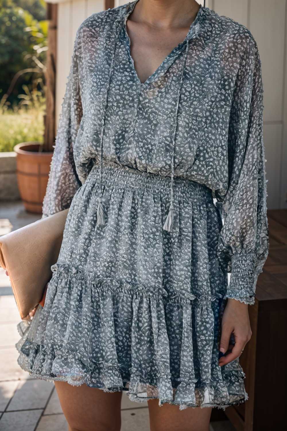 loose leopard print v neck dress drop shoulder a line closed cape paneled 133886
