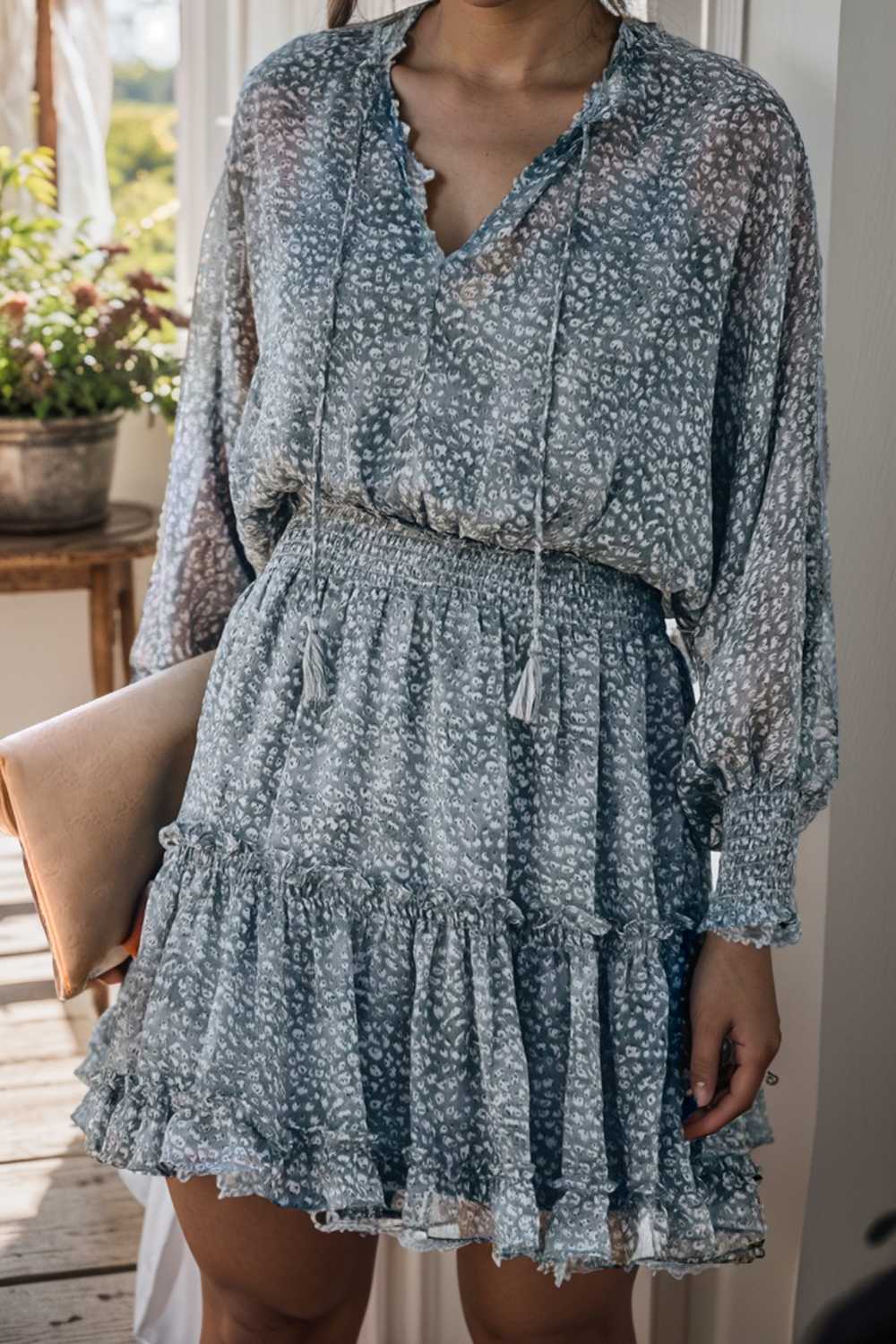 loose leopard print v neck dress drop shoulder a line closed cape paneled 133722