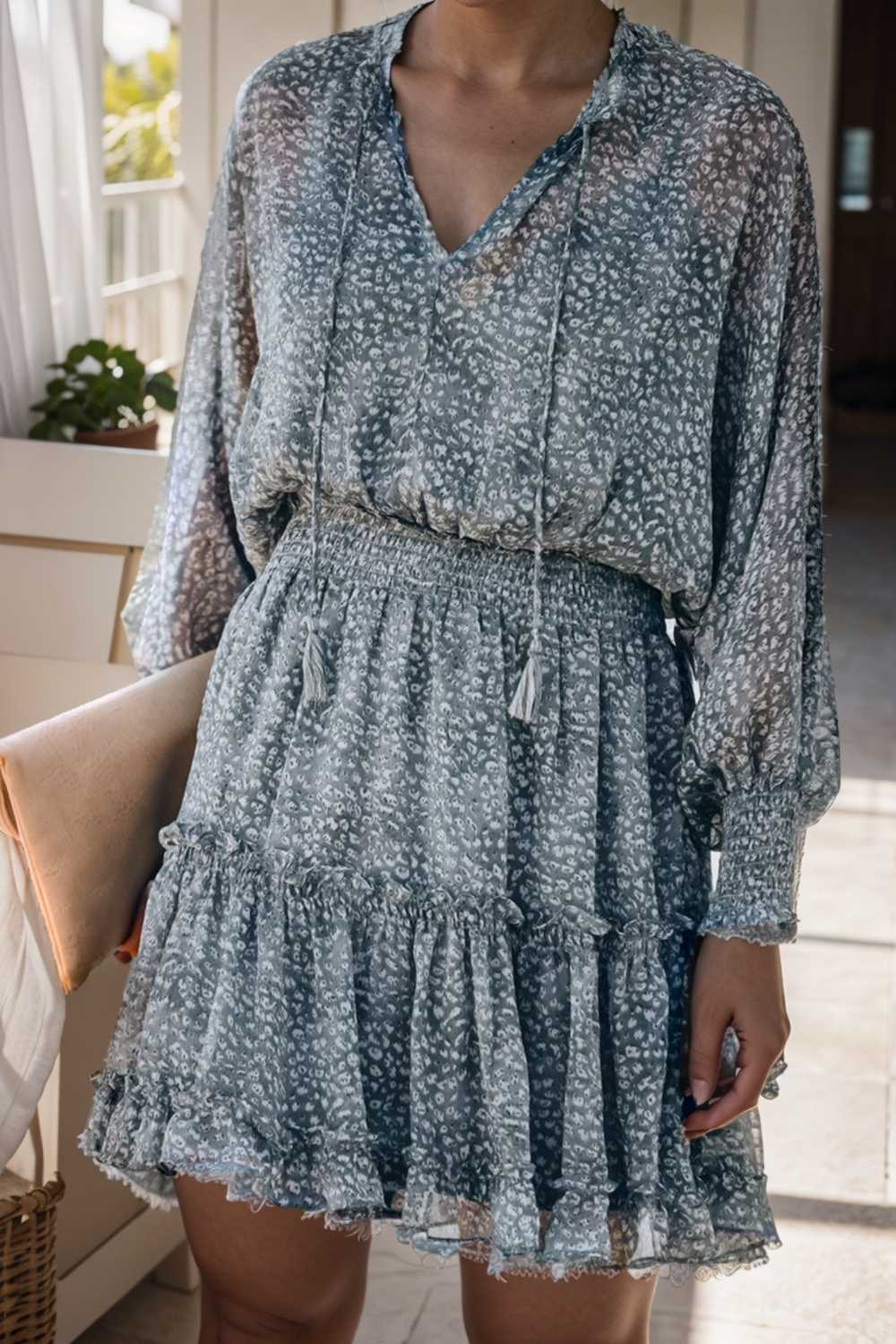 loose leopard print v neck dress drop shoulder a line closed cape paneled 133885