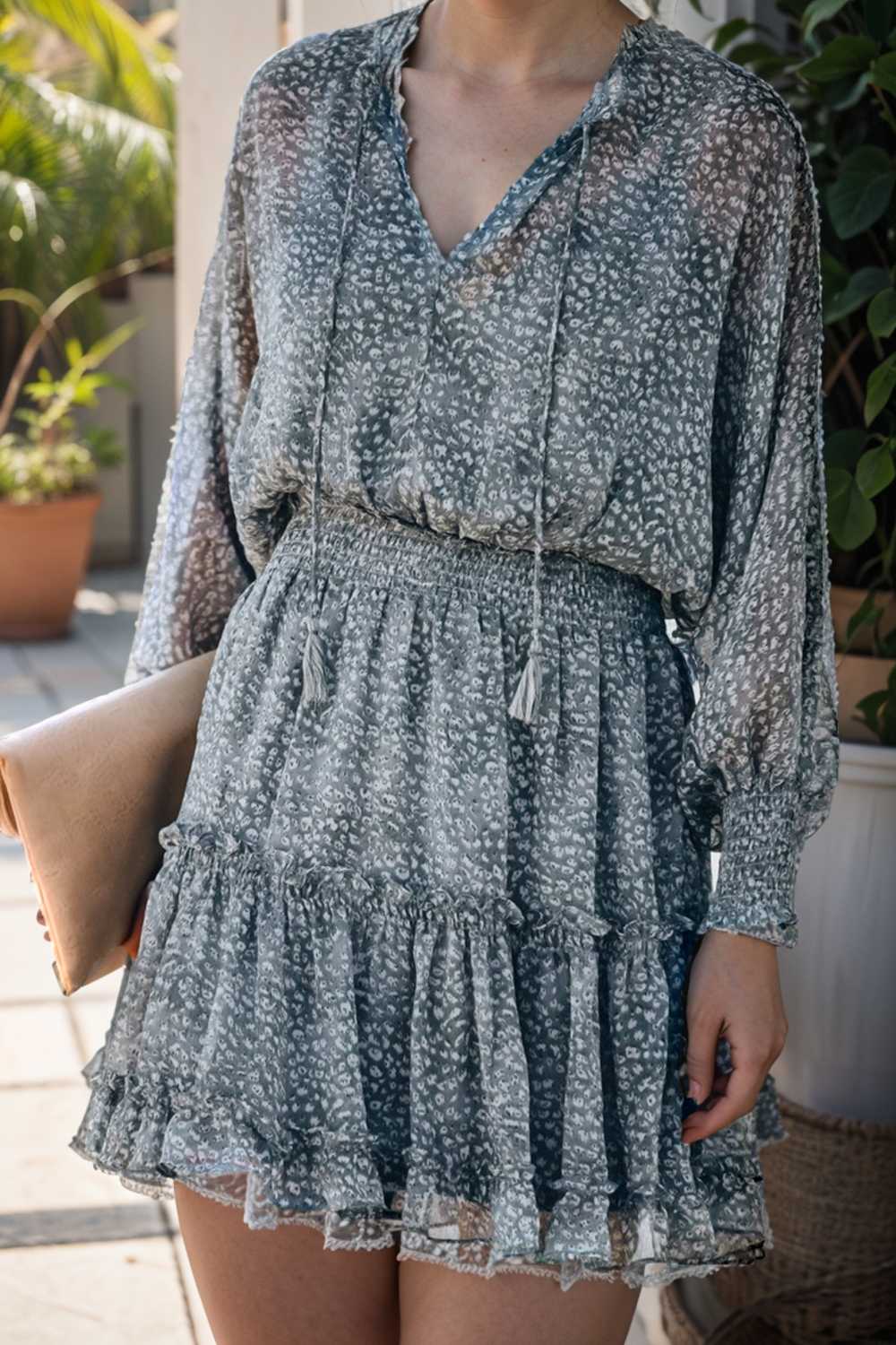 loose leopard print v neck dress drop shoulder a line closed cape paneled 133883