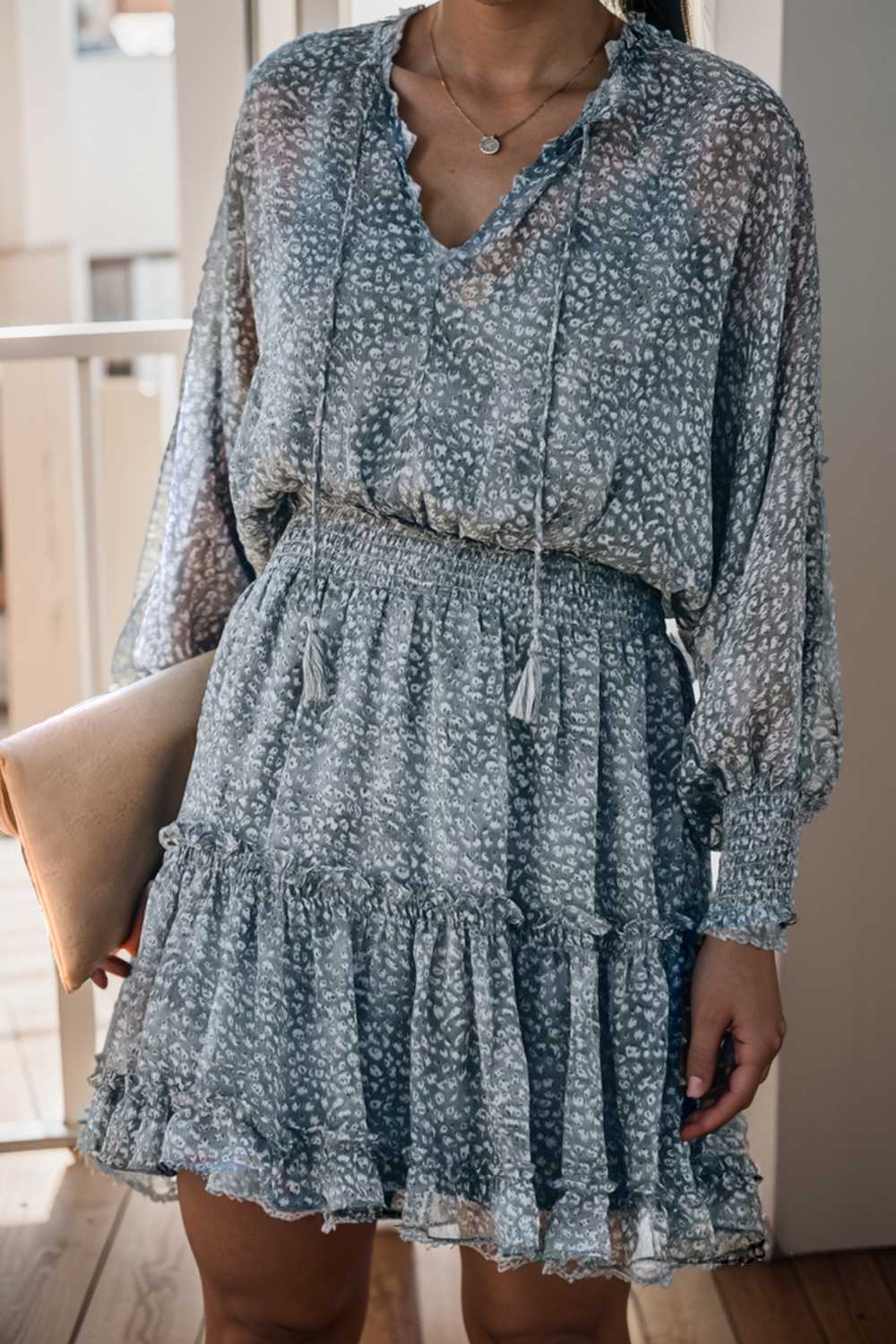 loose leopard print v neck dress drop shoulder a line closed cape paneled 133882