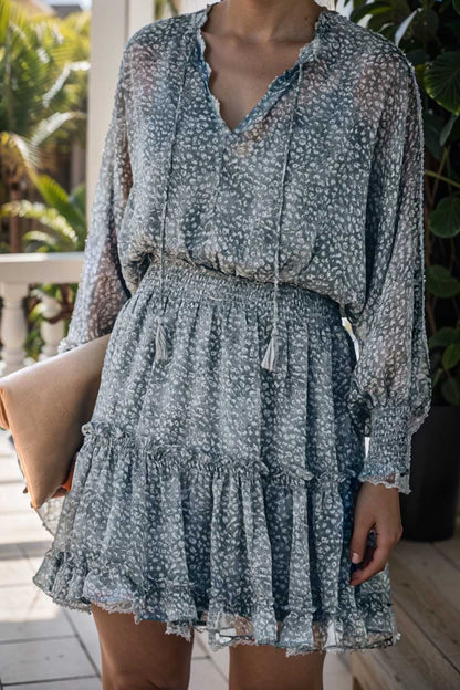 loose leopard print v neck dress drop shoulder a line closed cape paneled 109877