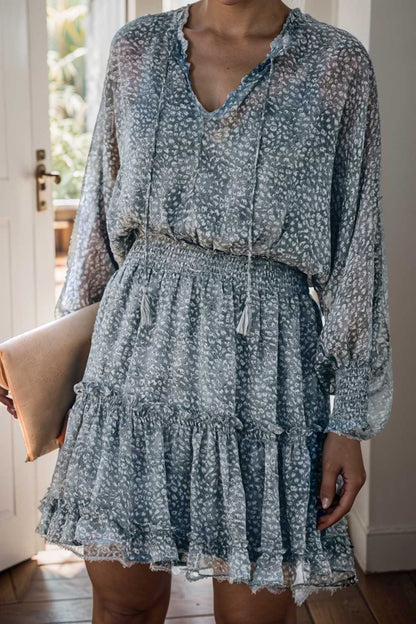 loose leopard print v neck dress drop shoulder a line closed cape paneled 109873
