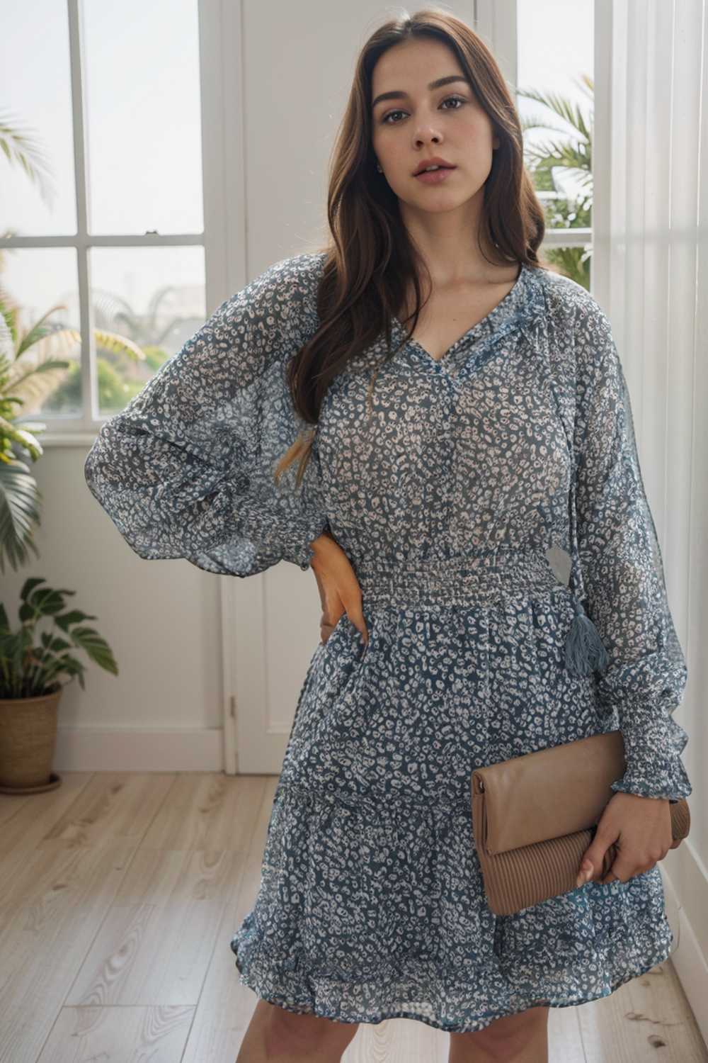 loose leopard print v neck dress drop shoulder a line closed cape paneled 108570