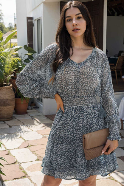 loose leopard print v neck dress drop shoulder a line closed cape paneled 133721