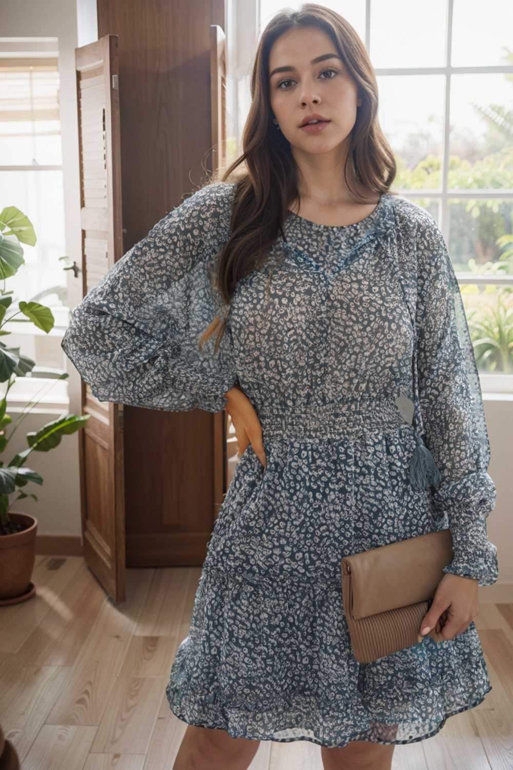 loose leopard print v neck dress drop shoulder a line closed cape paneled 131781