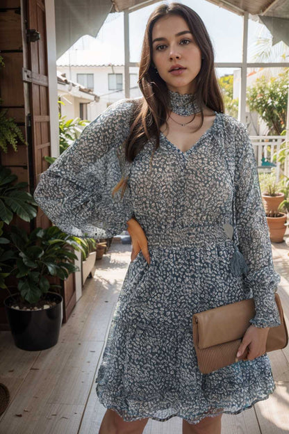 loose leopard print v neck dress drop shoulder a line closed cape paneled 114301