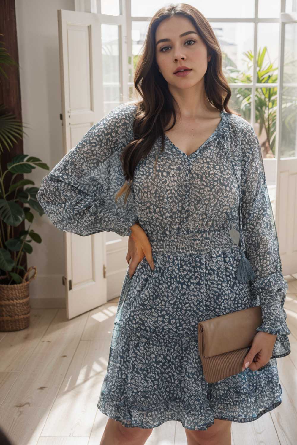 loose leopard print v neck dress drop shoulder a line closed cape paneled 133720