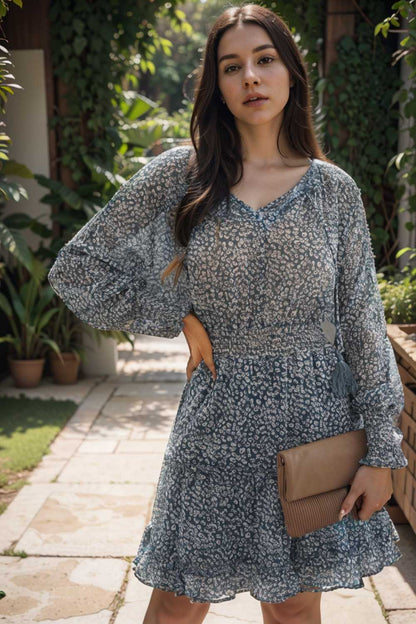 loose leopard print v neck dress drop shoulder a line closed cape paneled 126177