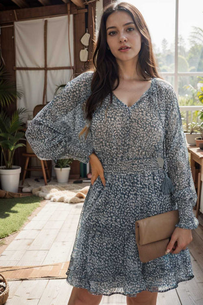 loose leopard print v neck dress drop shoulder a line closed cape paneled 111824