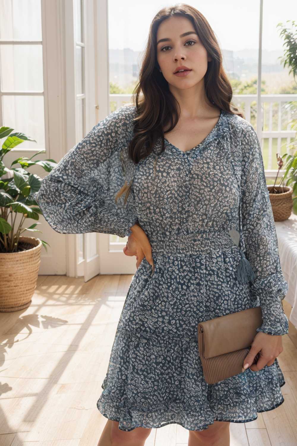 loose leopard print v neck dress drop shoulder a line closed cape paneled 133719