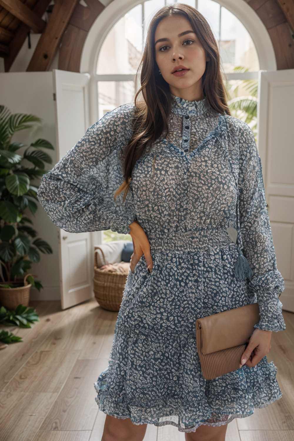 loose leopard print v neck dress drop shoulder a line closed cape paneled 133879