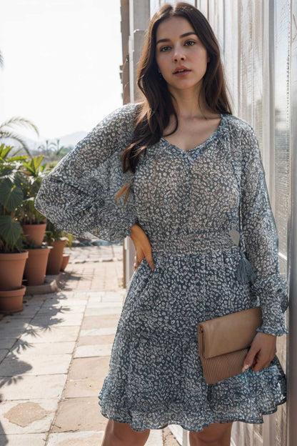 loose leopard print v neck dress drop shoulder a line closed cape paneled 110857
