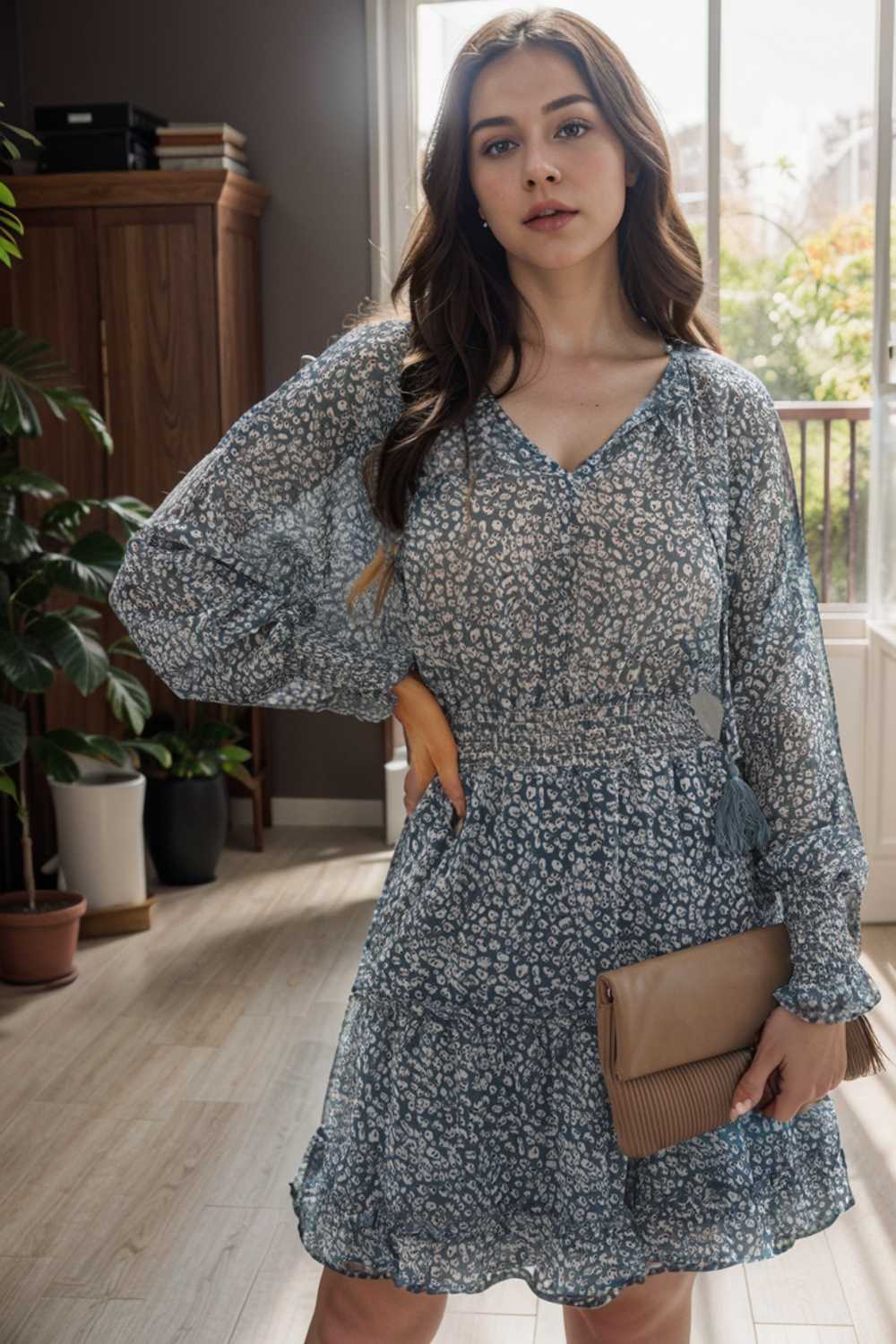 loose leopard print v neck dress drop shoulder a line closed cape paneled 131778