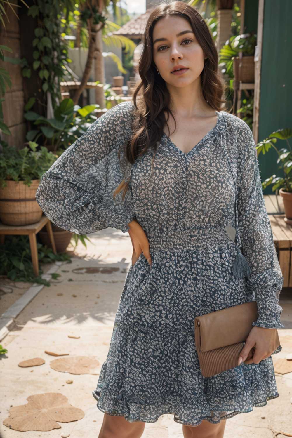 loose leopard print v neck dress drop shoulder a line closed cape paneled 133718