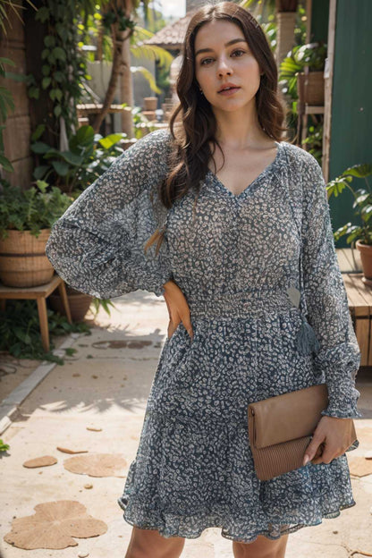 loose leopard print v neck dress drop shoulder a line closed cape paneled 133718
